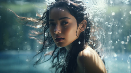 Woman With Long Hair Standing Underwaterの素材