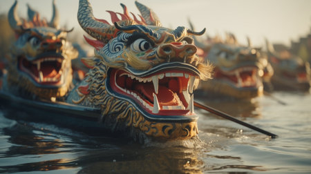 A Group of Dragon Boats Floating on Top of a Body of Waterの素材
