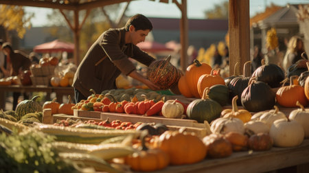 Man Standing Over Table Filled With Pumpkinsの素材