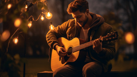 A Man Sitting on a Bench Playing a Guitarの素材