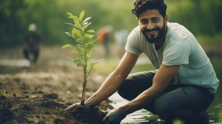 man Kneeling Down to Plant a Treeの素材
