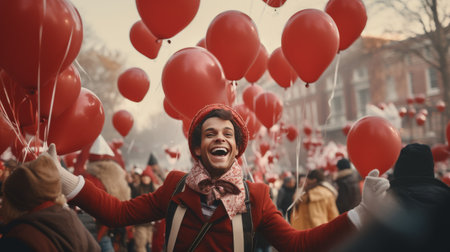 man Walking Down Street Surrounded by Balloonsの素材