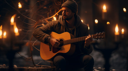 A Man Sitting on a Bench Playing a Guitarの素材