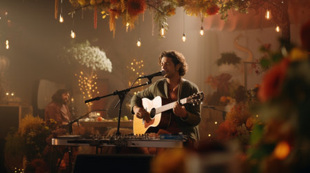 Man Playing Keyboard in Front of Microphoneの素材