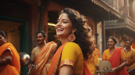 Smiling Woman in Yellow Sari Stands in Front of Groupの素材