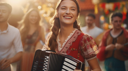 Woman Holding Accordion in Front of Group of Peopleの素材