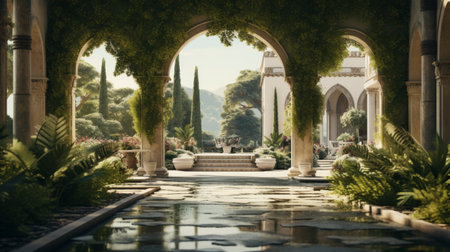 A Painting of a Garden With a Fountainの素材