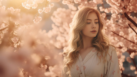 A Beautiful Young Woman Standing in Front of a Treeの素材