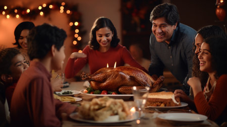 Group of People Sitting Around a Table With a Turkeyの素材