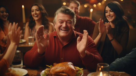 Group of People Sitting Around a Table With a Turkeyの素材