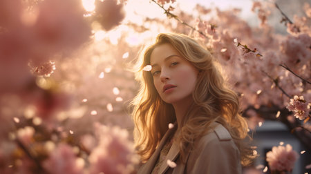 A Beautiful Young Woman Standing in Front of a Treeの素材