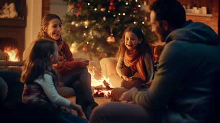 Group of People Sitting Around a Christmas Treeの素材
