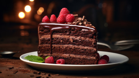 A Piece of Chocolate Cake With Raspberries on Topの素材