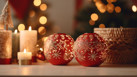 Close Up of Two Red Christmas Balls on a Tableの素材