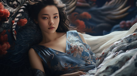 Woman in Blue Dress Laying on Bedの素材