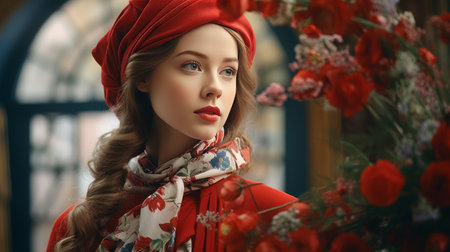 Woman Wearing Red Hat and Scarfの素材