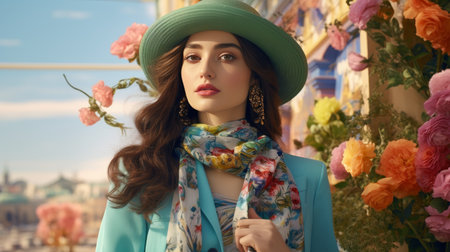 Woman in Floral Dress and Large Hatの素材