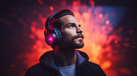 Man Wearing Headphones in a Dark Roomの素材