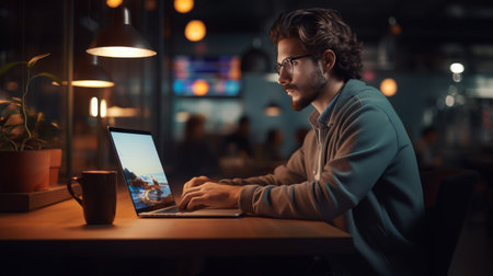 A Man Sitting at a Table Using a Laptop Computerの素材