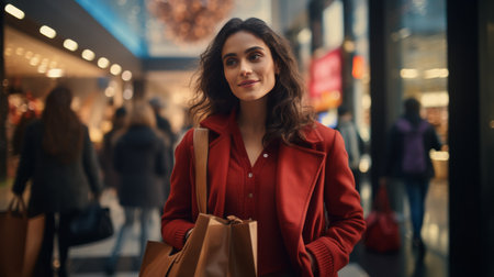 Woman in Red Jacket Holding Shopping Bagsの素材