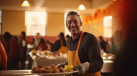 Man in Orange Apron Holding Plate of Foodの素材