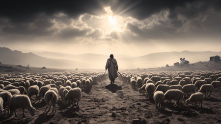 Man Standing in Middle of Herd of Sheepの素材