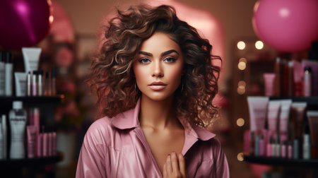 Woman Standing in Front of Makeup Displayの素材