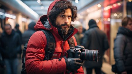 Man in Red Jacket Standing in Warehouseの素材