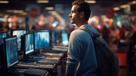 Man Standing in Front of Multiple Computer Monitorsの素材