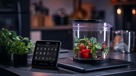 Cell Phone and Blender Filled With Ingredients on Kitchen Counterの素材