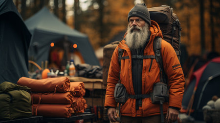 Man Standing Next to Tent in the Woodsの素材