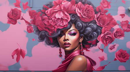 Large Mural of a Woman With Pink Flowersの素材