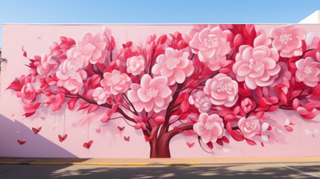 Painting of Tree With Pink Flowers on Pink Wallの素材