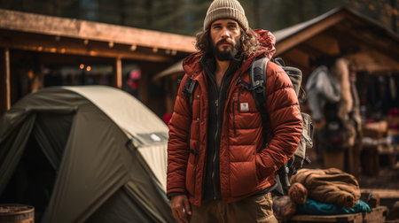 Man Standing Next to Tent in the Woodsの素材