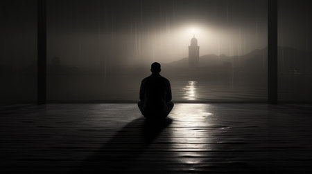 Person Sitting on Floor in Dark Roomの素材