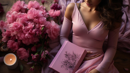 Woman in Pink Dress Holding a Bookの素材