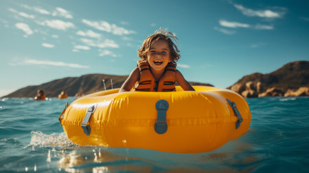 Little Girl Riding on a Raft in the Oceanの素材