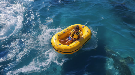 Little Girl Riding on a Raft in the Oceanの素材