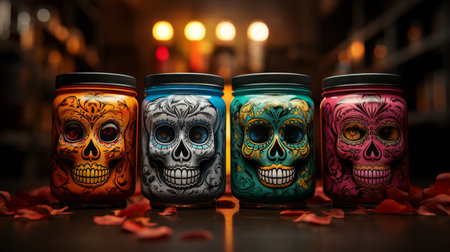 Colorful Jars With Painted Skulls in a Rowの素材