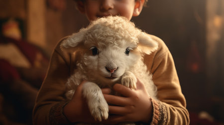Little Boy Holding White Sheepの素材