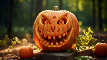 Carved Pumpkin on Wooden Tableの素材