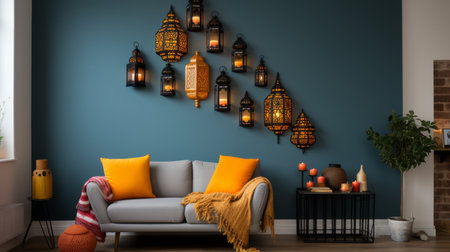 A Living Room With a Gray Couch and Yellow Pillowsの素材