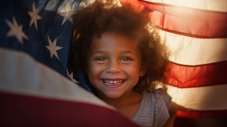 Little Girl Holding American Flag and Smilingの素材