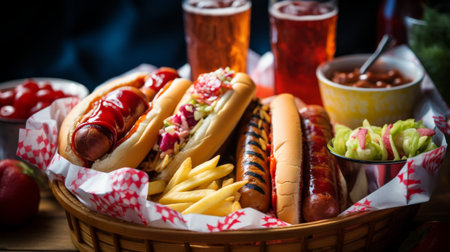 Basket Filled With Hot Dogs Next to a Cup of Teaの素材