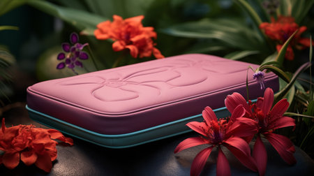 Case on Table Surrounded by Flowersの素材