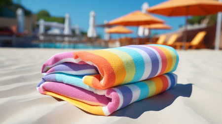 Stack of Towels on Sandy Beachの素材