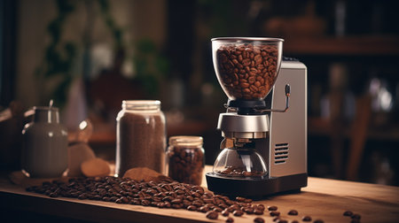 Coffee Maker on Table Surrounded by Coffee Beansの素材