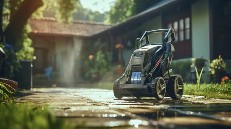 Parked Lawn Mower on Side of Roadの素材