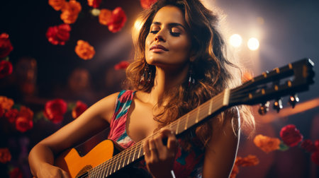 Woman Holding Guitar in Front of Stageの素材