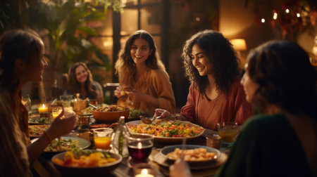 Group of People Sitting Around a Table With Foodの素材
